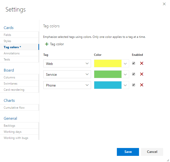 Screenshot of sequence, Boards, Settings, Tag colors dialog.