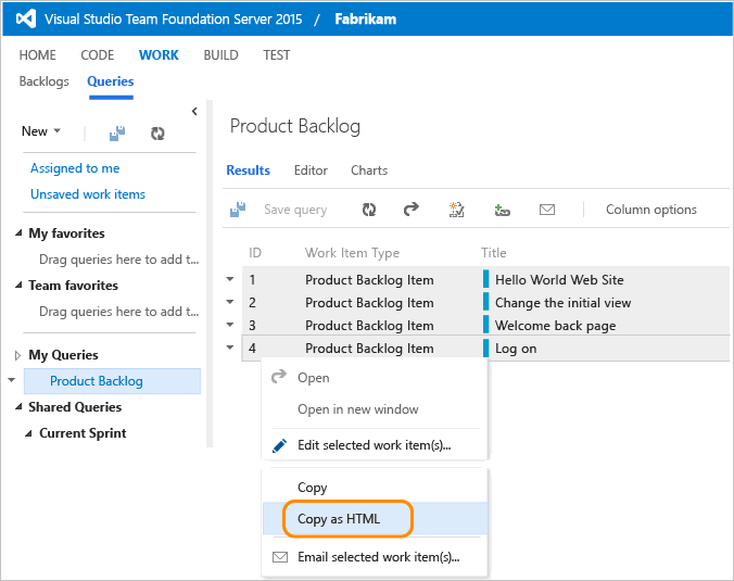 Copy as HTML selected work items