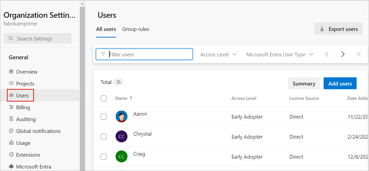 Open organization settings, users