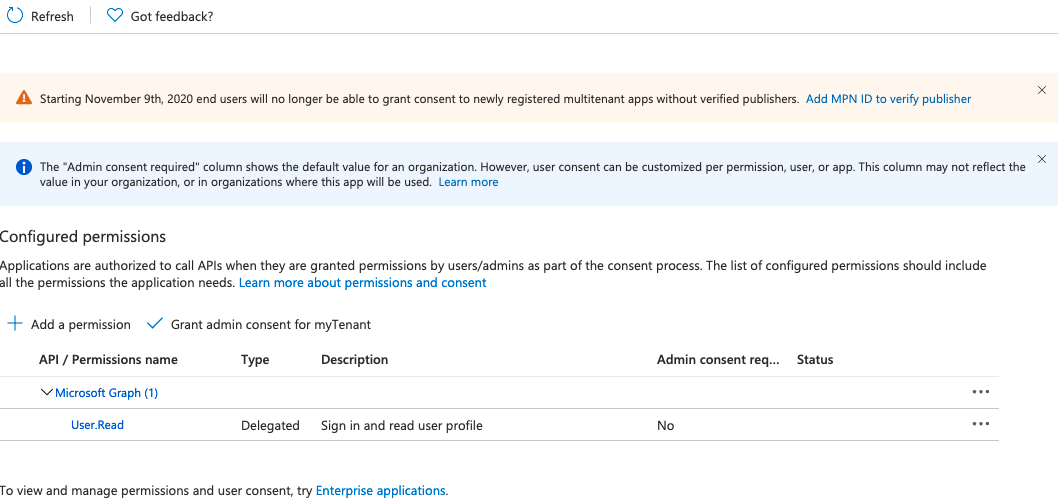 Screenshot shows selecting an application and navigating to API Permissions.