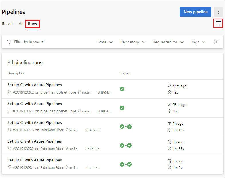 Screenshot of pipeline runs.