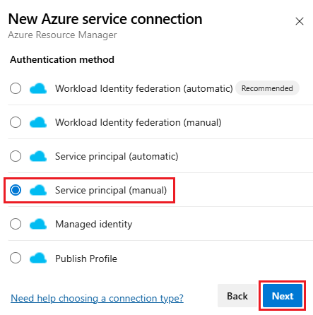 Screenshot that shows selecting a service principal (manual) authentication method selection.