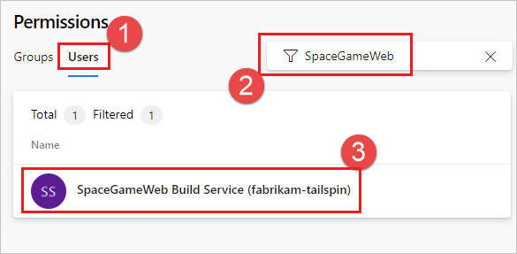 Screenshot of selecting SpaceGameWeb project-scoped build identity user.