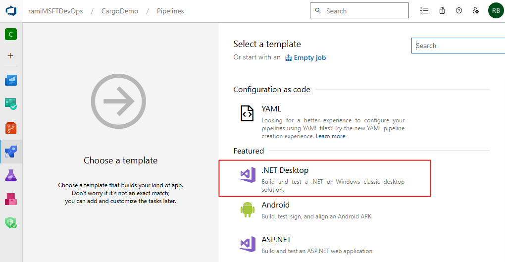 A screenshot displaying Classic pipeline templates.