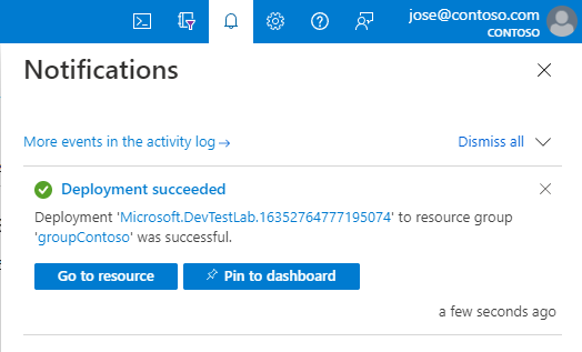 Screenshot of DevTest Labs deployment notification.
