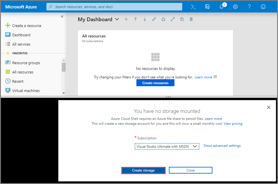 Screenshot showing the creation of storage for Cloud Shell.