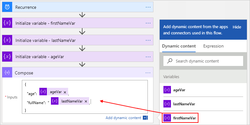 Screenshot showing the designer for a Consumption workflow, the "Compose" action, and the selected inputs to use.