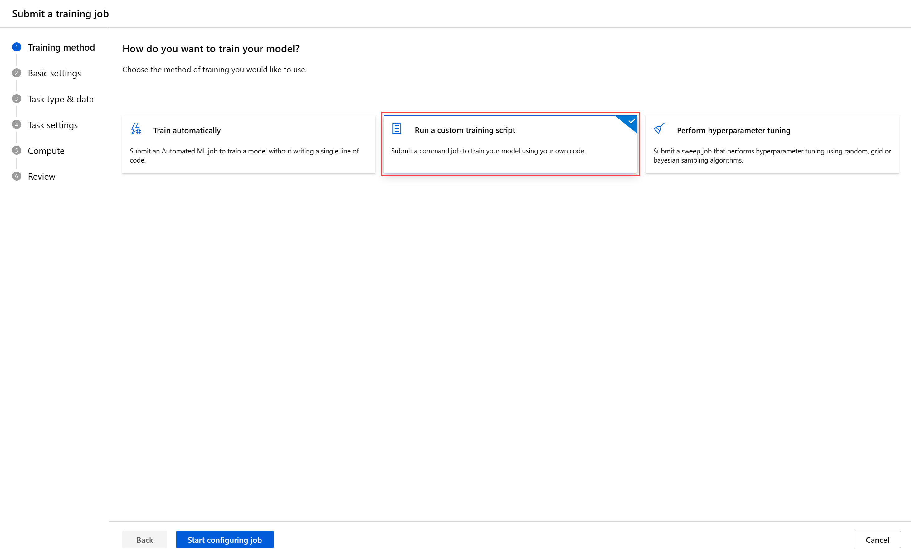 Azure Machine Learning studio training form landing page for users to choose method of training.