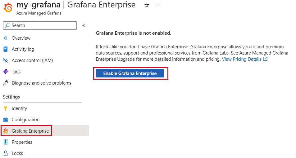Screenshot of the Grafana dashboard showing how to enable Grafana enterprise on an existing workspace.