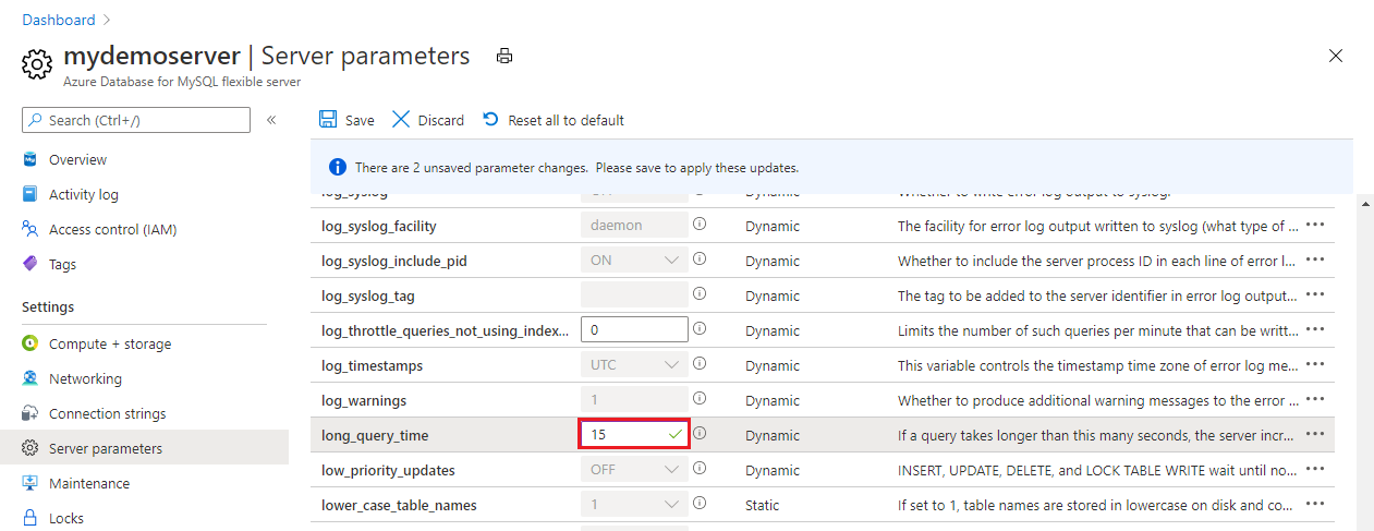 Screenshot showing updated values for the remaining slow query log-related parameters.