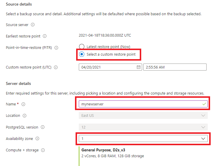 Screenshot that shows selections for restoring to a custom restore point.