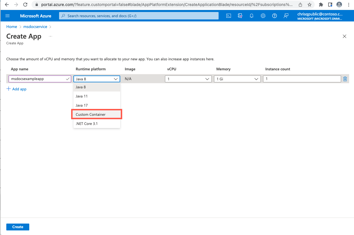 Screenshot of Azure portal Create App page with Runtime platform dropdown showing and Custom Container selected.
