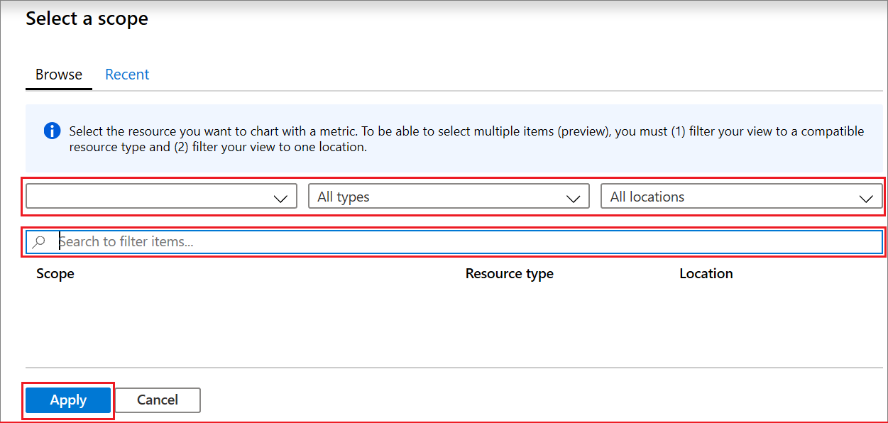 Screenshot shows the Select a scope pane where you can select your data warehouse.