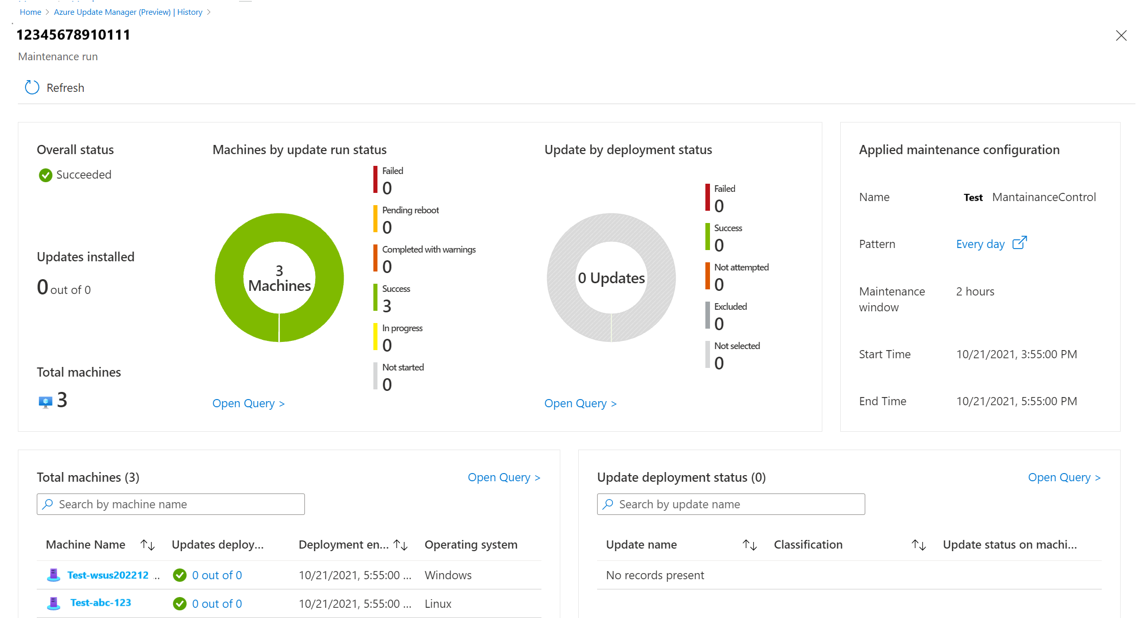 Screenshot that shows a maintenance run ID record.