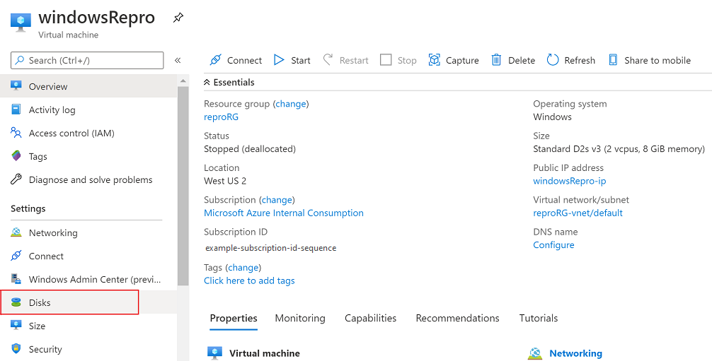 Screenshot that shows the Disks option selected in the Settings section of the menu.