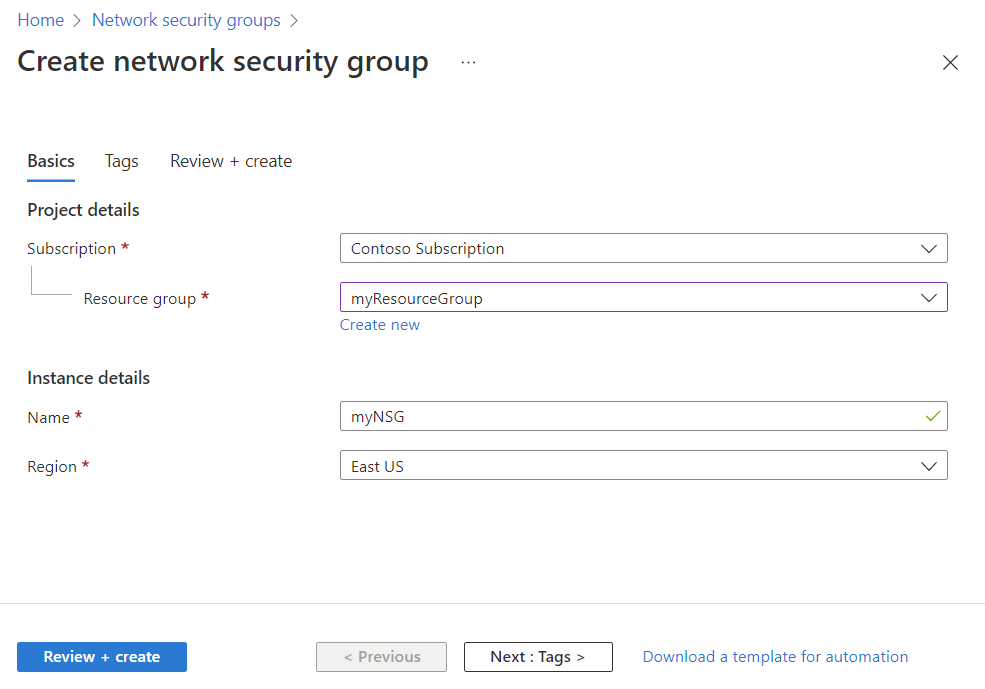 Screenshot that shows creating a NSG in the Azure portal.