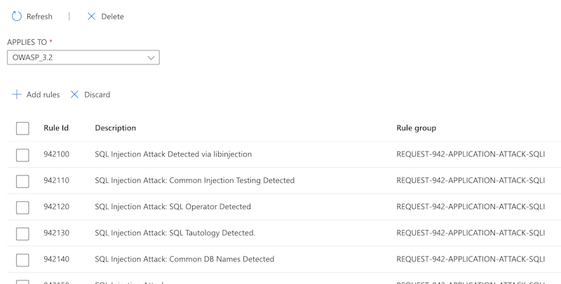 Screenshot of the Azure portal that shows the per-rule exclusion configuration for the W A F policy.