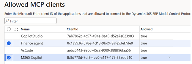 Screenshot of the allowed mcp clients.