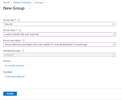 A screenshot of the New Group page showing how to complete the process by selecting the Create button.