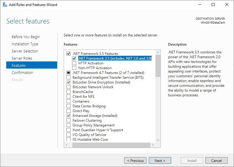 The Add Roles and Features Wizard dialog box from Windows Server. .NET Framework 3.5 Features is selected.