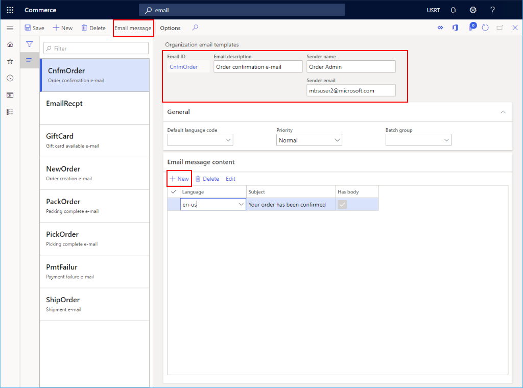 Email template settings.