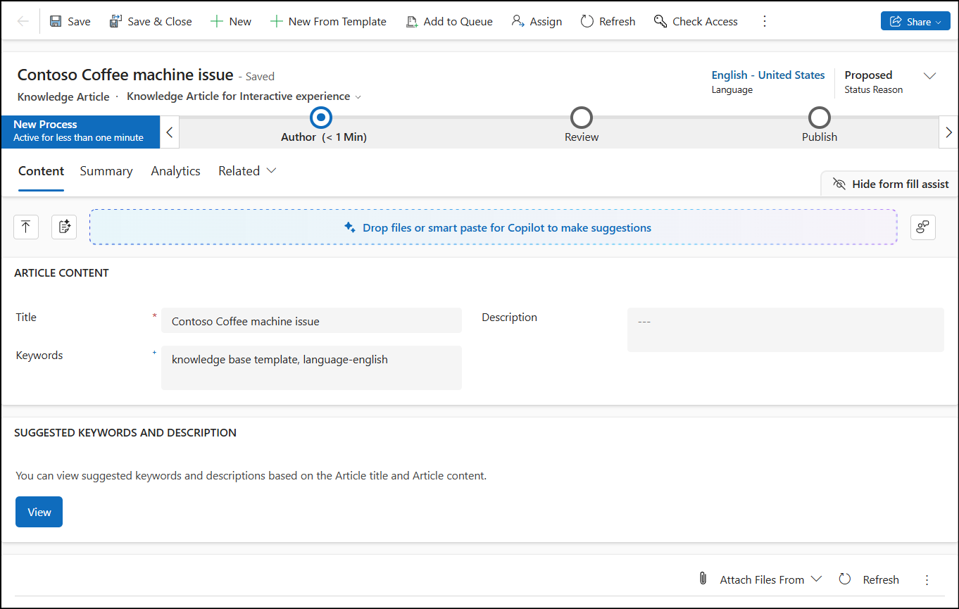 Enter the values in new knowledge article template.