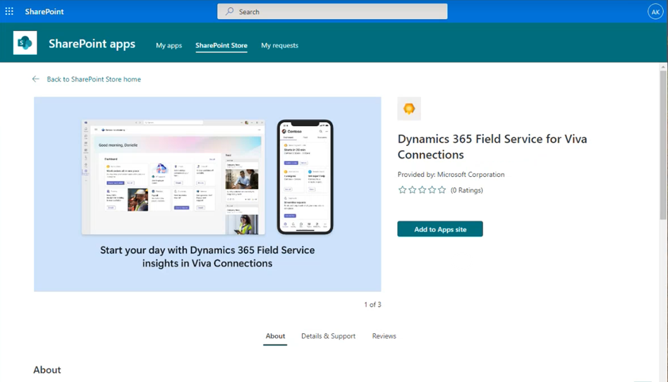 Snimka zaslona kartice Trgovina SharePoint koja prikazuje aplikaciju Dynamics 365 Field Service za Viva Connections s istaknutim gumbom Dodaj u aplikacije web-mjesta.