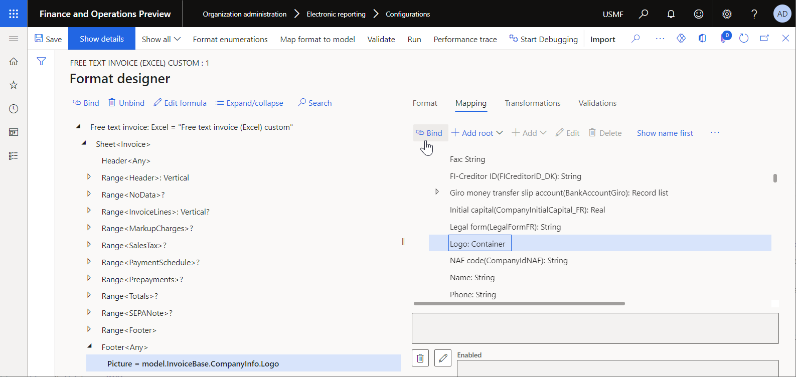 Picture format element bound with the model.InvoiceBase.CompanyInfo.Logo data source field in the ER Operations designer.