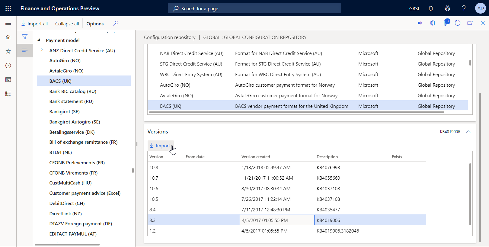 Configuration repository page, Versions FastTab, Import button.