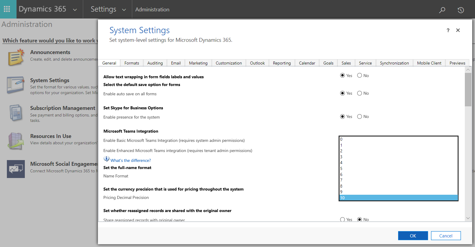 System settings for currency.