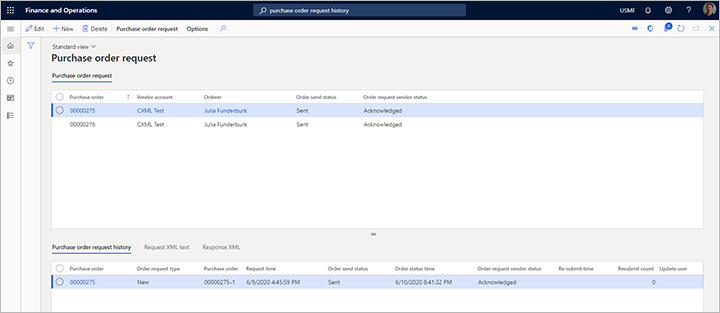 Purchase order status on the Purchase order request page Purchase order status on the Purchase order request page.