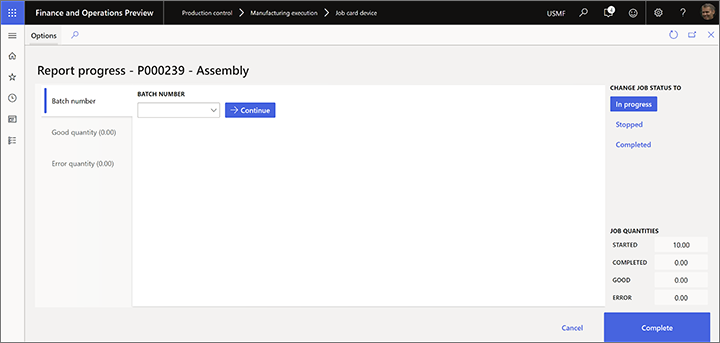 Report progress page with a field for manual batch numbers Report progress page with a field for manual batch numbers.
