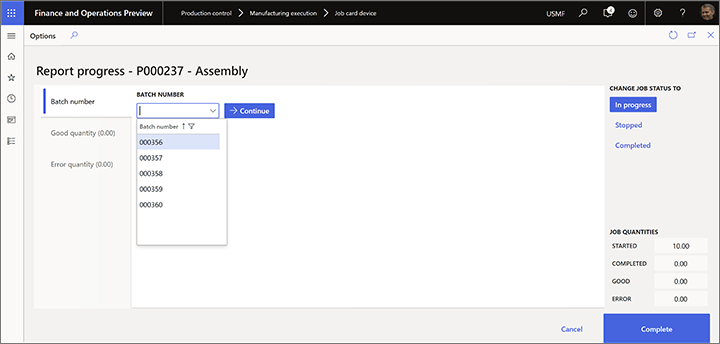 Report progress page with a list of predefined batch numbers Report progress page with a list of predefined batch numbers.