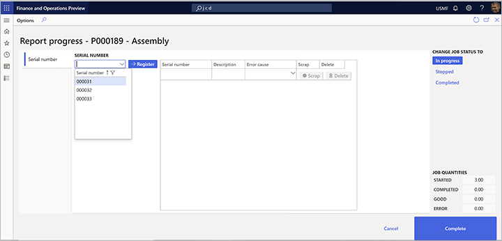 Report progress page with a list of predefined serial numbers Report progress page with a list of predefined serial numbers.