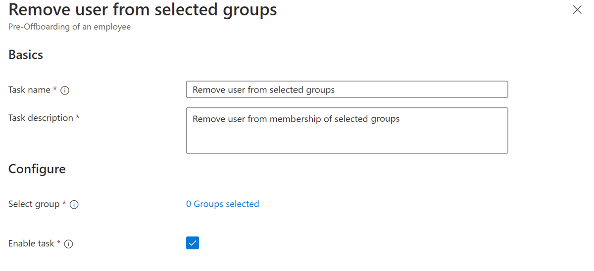 Screenshot of Workflows task: Remove user from select groups.