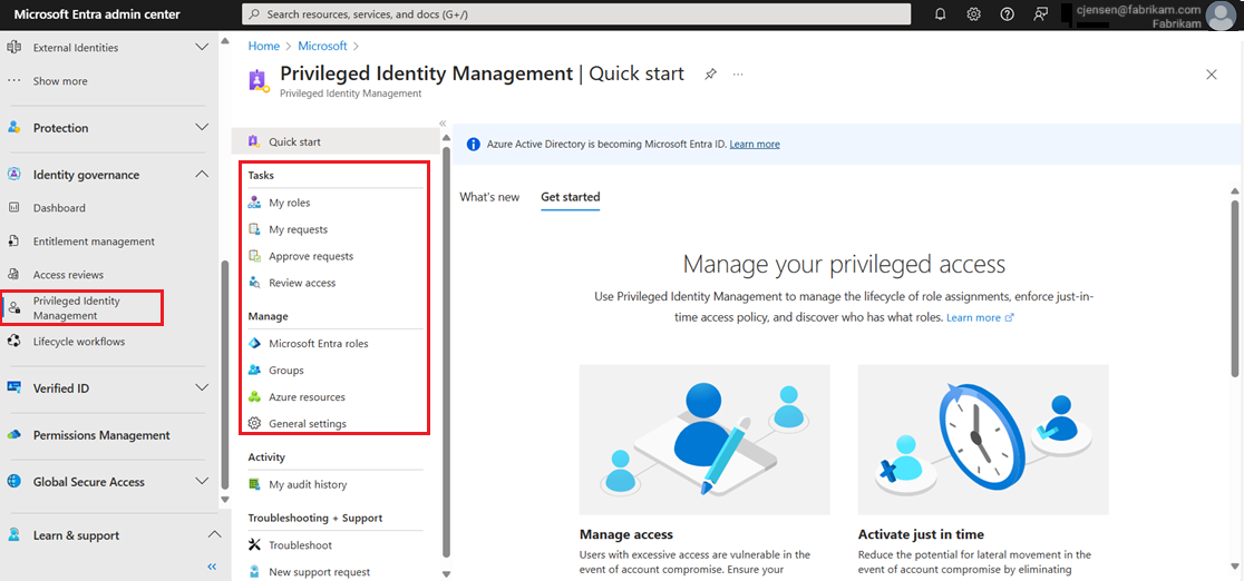 Screenshot showing the navigation window in Privileged Identity Management showing Tasks and Manage options.