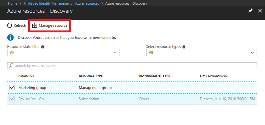 Discovery pane with a resource selected and the Manage resource option highlighted