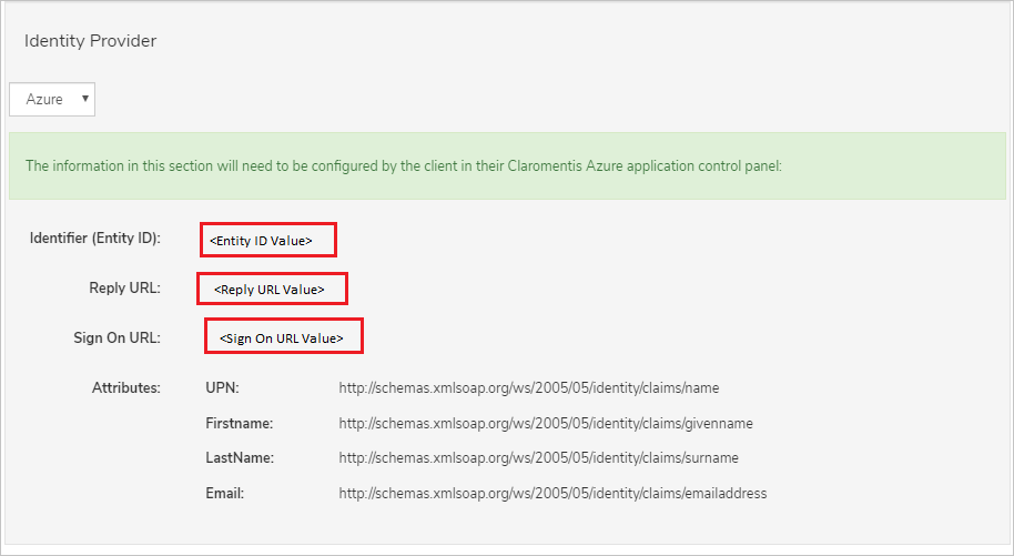 Screenshot shows the Identity Provider page populated with U R Ls.