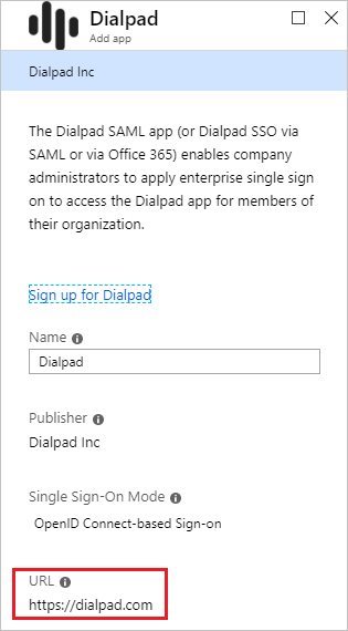 Screenshot of a page displaying information about the Dialpad app. Under U R L, an address is listed and is highlighted.