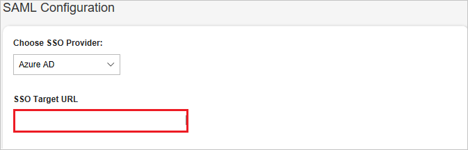 Screenshot that shows the "S A M L Configuration" section with the "S S O Target U R L" textbox highlighted.