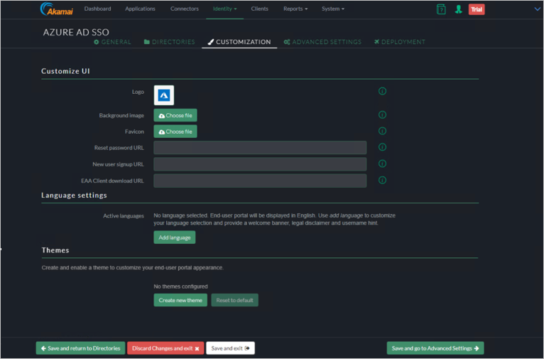 Screenshot of the Akamai EAA console Customization tab showing settings for Customize UI, Language settings, and Themes.