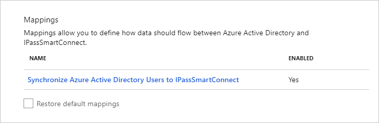 Screenshot of the Mappings section. Under Name, Synchronize Microsoft Entra users to iPass SmartConnect is visible.