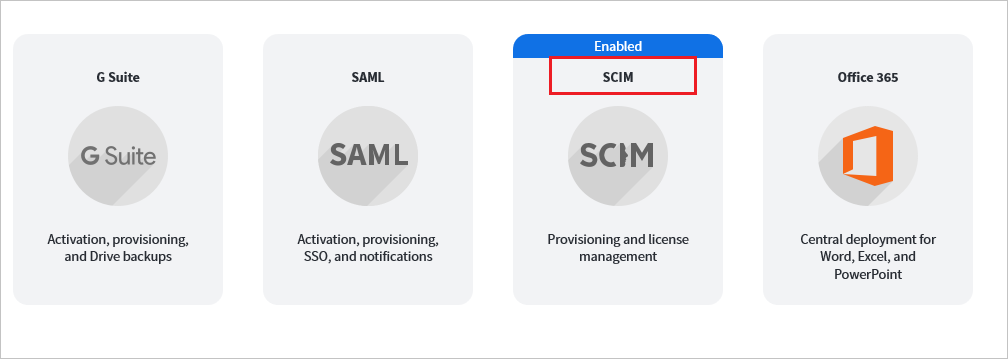 Screenshot of the Lucidchart admin console. Within a large S C I M button, the text S C I M is highlighted, and an enabled banner is visible.