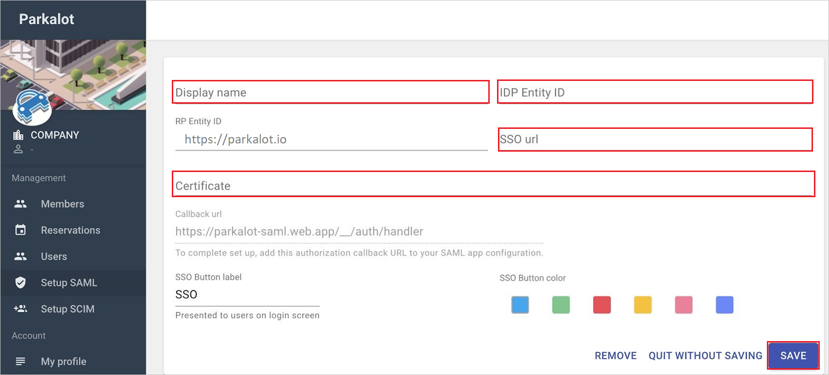 Configure Parkalot - Car park management SSO.