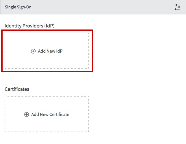 Screenshot of Single Sign-On dialog box, with Add New IdP highlighted
