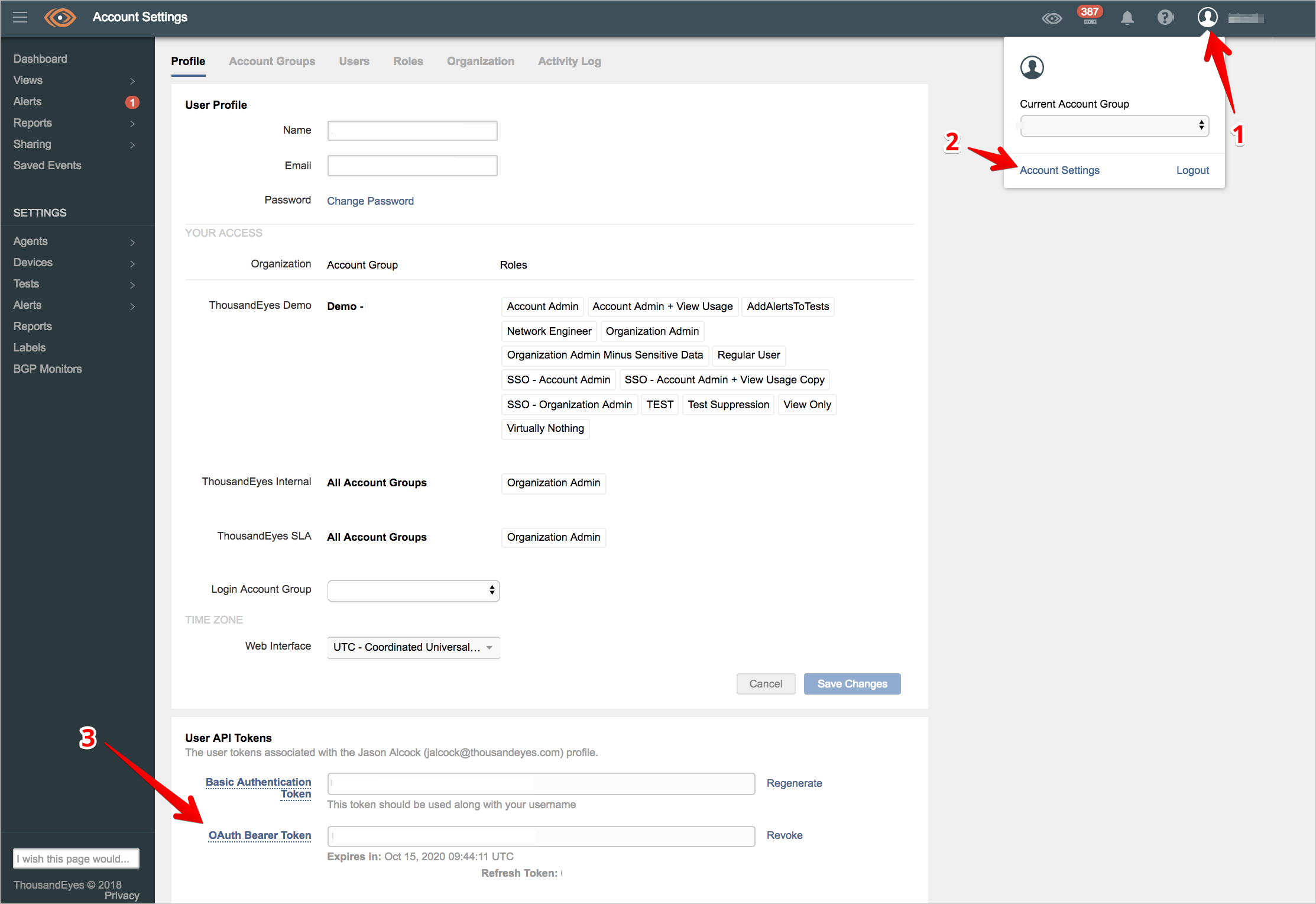 Screenshot shows where to find the Account Settings link for the Current Account Group.