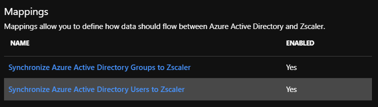 Screenshot of the Mappings section with the Synchronize Microsoft Entra users to Zscaler option highlighted.