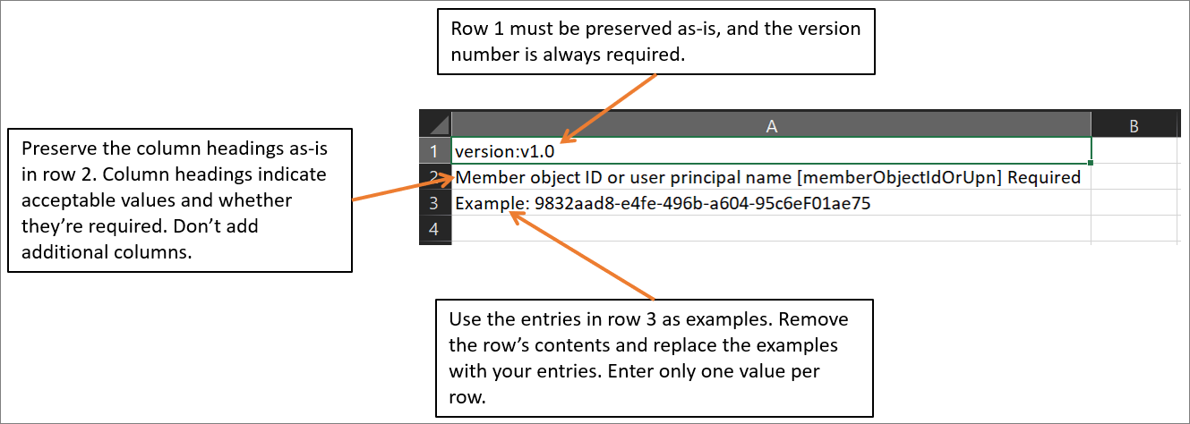 Screenshot that shows the spreadsheet for upload and call-outs explaining the purpose and values for each row and column.