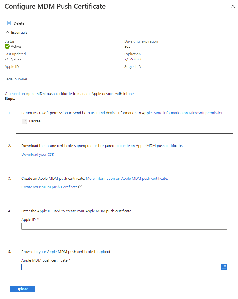 Screenshot of the Configure MDM Push Certificate screen with MDM Push not set up.