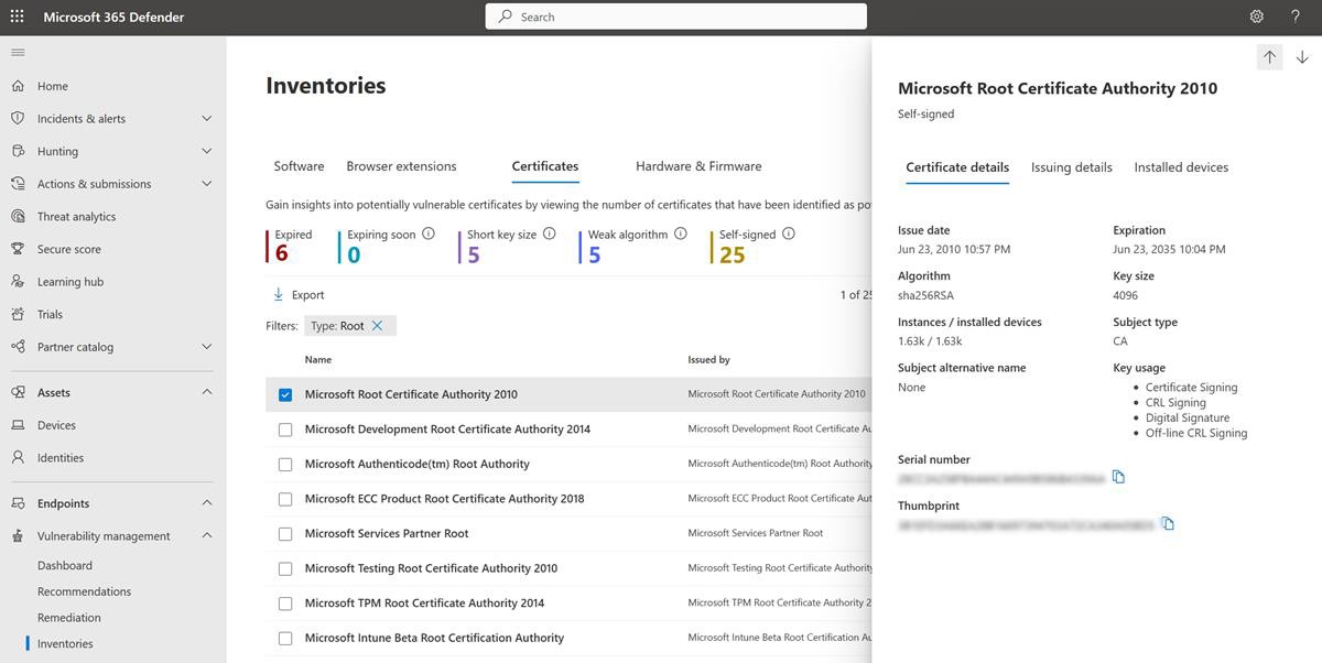 Microsoft Defender inventories page with Microsoft root certificate authority 2010 pop up.